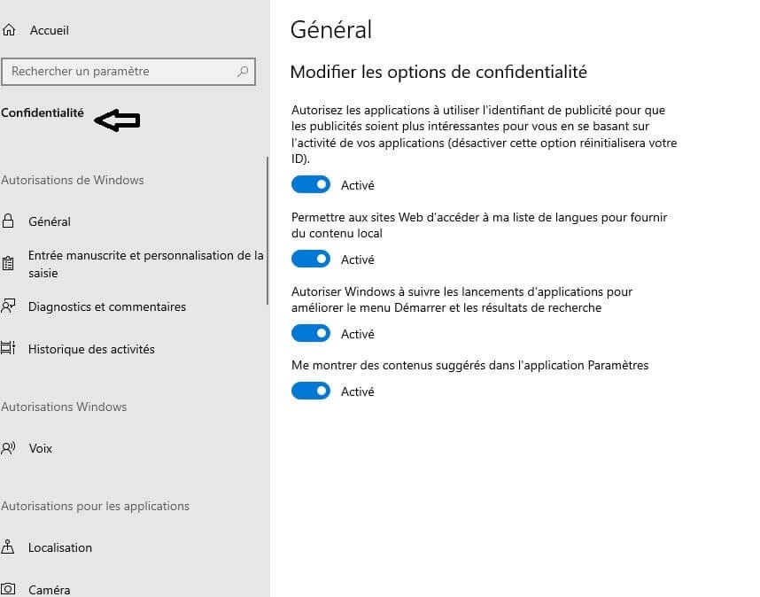 paramètre de confidentialité