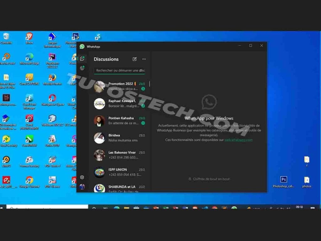 raccourcis clavier WhatsApp Windows: interface PC