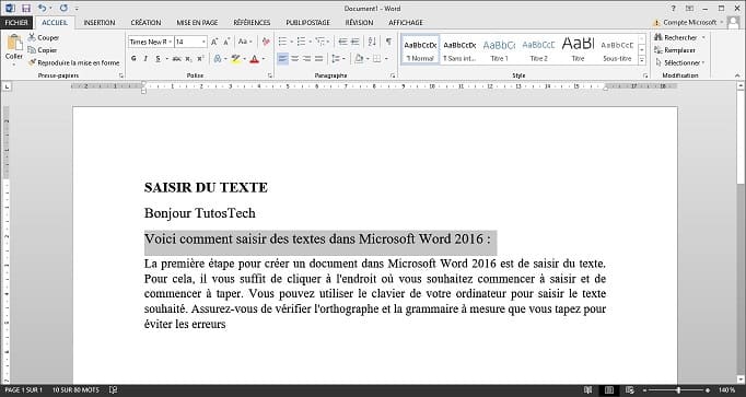 sélectionner du texte dans Microsoft Word
