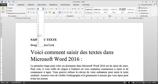 sélectionner et modifier du texte dans Microsoft Word 2016. Taille du texte