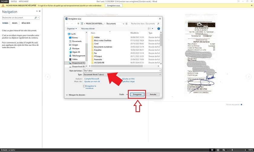 Enregistrement fichier non enregistré