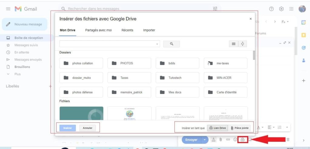 insertion de fichier sur Gmail depuis Drive