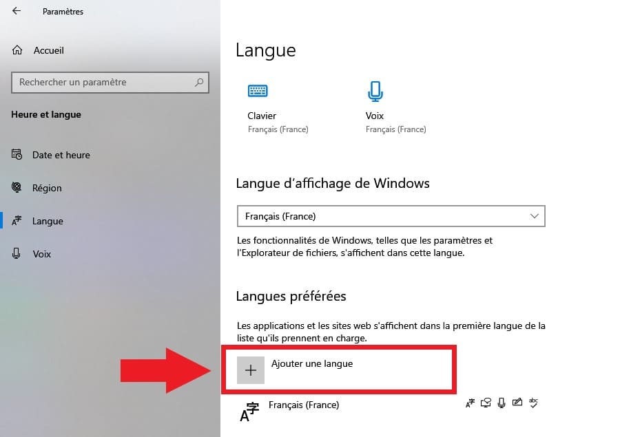 Paramètre Langue Windows 10 section langue préférées