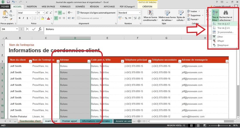filtrer données excel 2013 - colonne Adresse