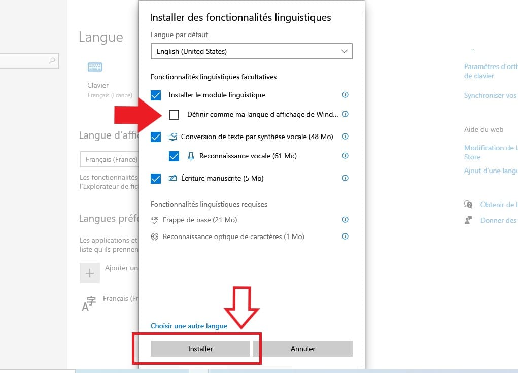 installation des fonctionnalités linguistiques