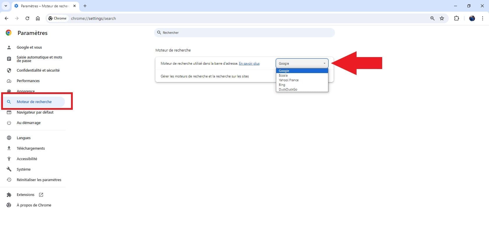 paramétrage moteur de recherche Google Chrome