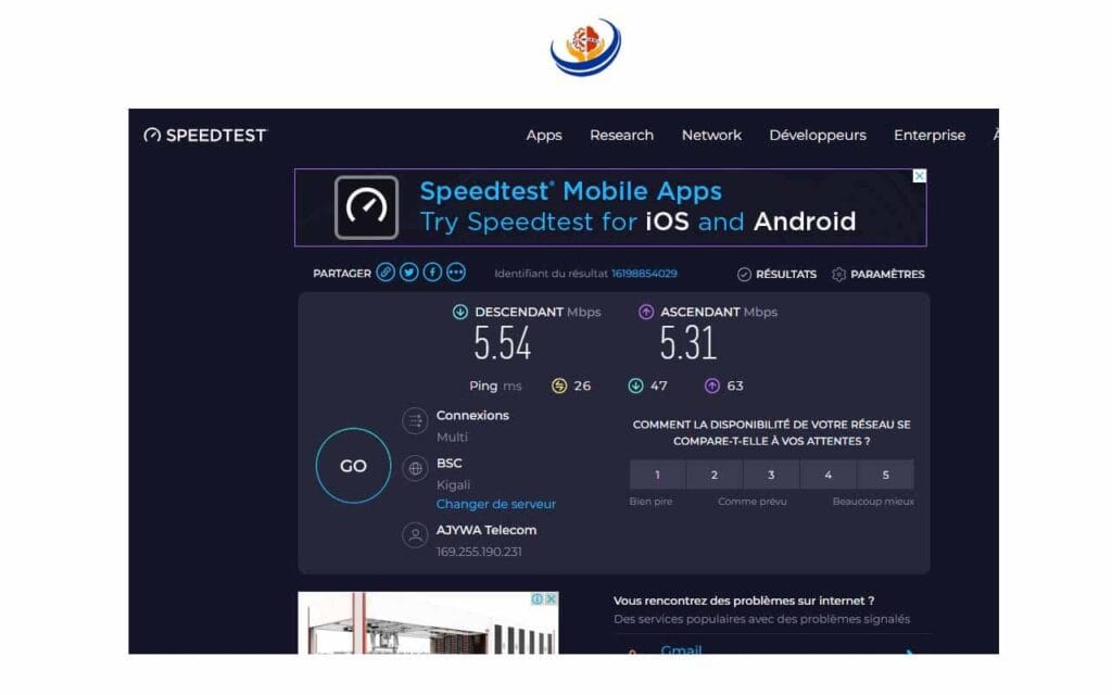 Capture d'écran de l'interface du site Web Speedtest.net montrant les résultats des tests de vitesse de téléchargement et de chargement en mégabits par seconde (Mbps).