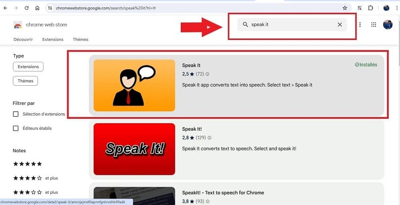 Recherche de l'extension Speak It Chrome