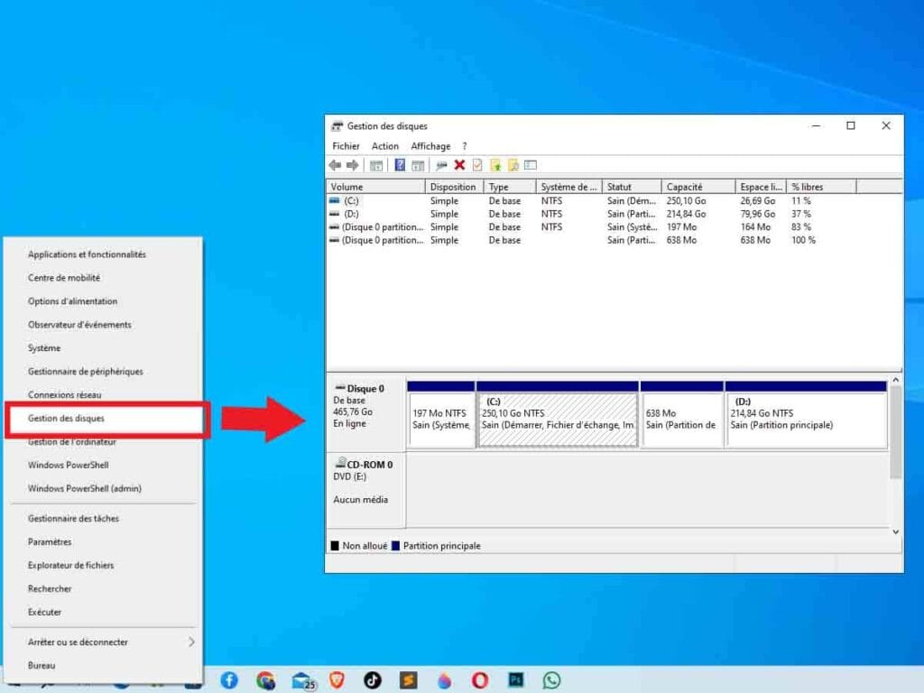 Ouvrir l'outil de gestion des disques