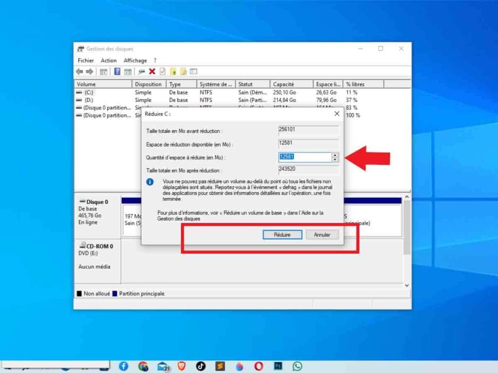 Saisi de la taille de la réduction