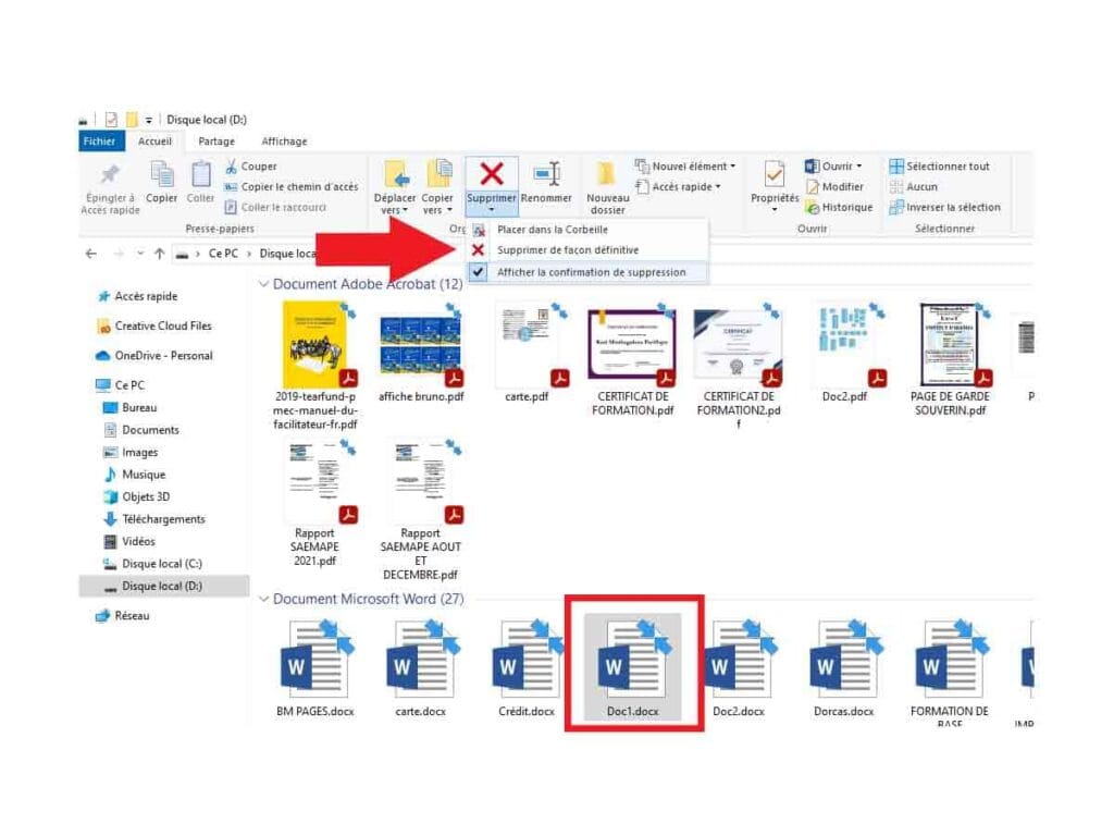 suppression définitive Explorateur des fichiers Windows 1O