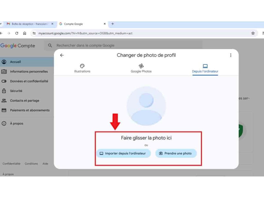 téléversement d'une nouvelle photo de profil