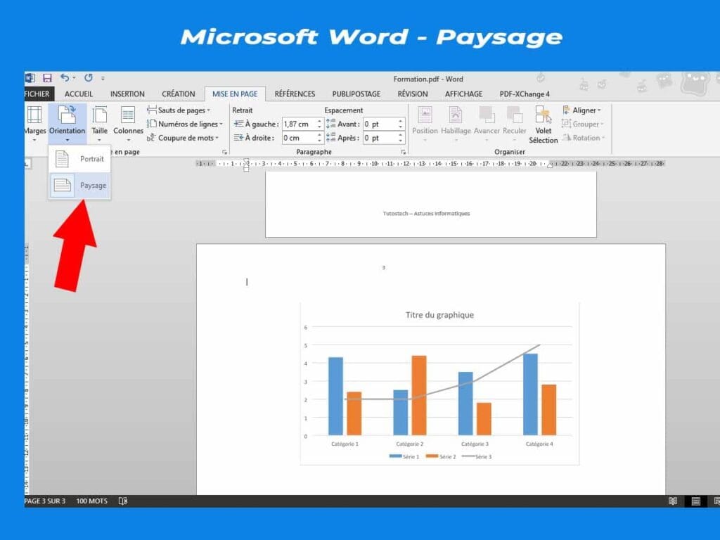 Capture pour changer l'orientation de la section en Paysage
