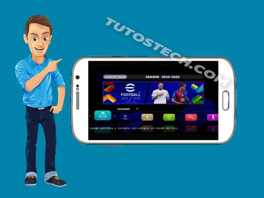 Smartphone exécutant eFootball PES 2025 sur PPSSPP avec une manette PS5