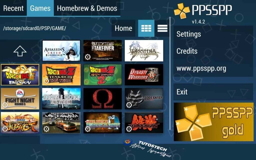 Interface de l'émulateur PPSSPP sur Android exécutant un jeu PSP avec des contrôles virtuels