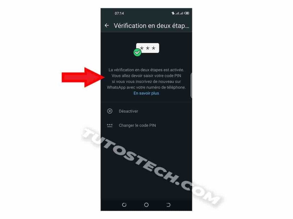Option Vérification en deux étapes WhatsApp Finaliser