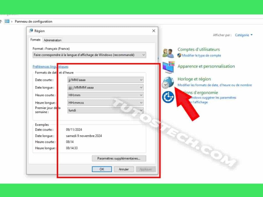 modification du format date dans Panneau de configuration Windows 10