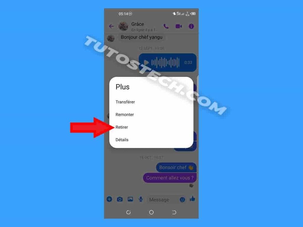 interface pour Retirer message sur Messenger Facebook
