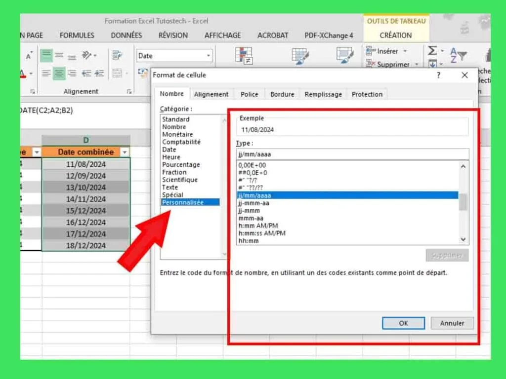 capture montrant pour modifier format de date personnalisé dans Excel
