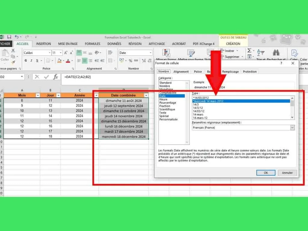 interface pour modifier le format date dans Excel avec Format de cellule