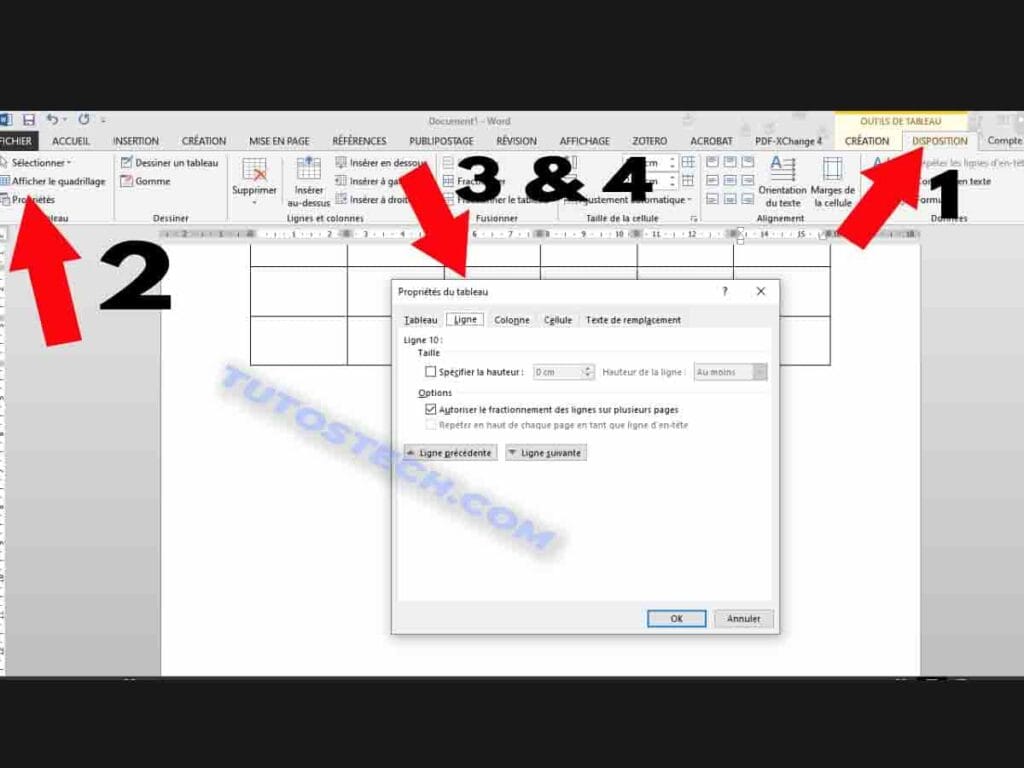 paramètres de tableau des sauts de page avec des tableaux dans l'interface de Microsoft Word