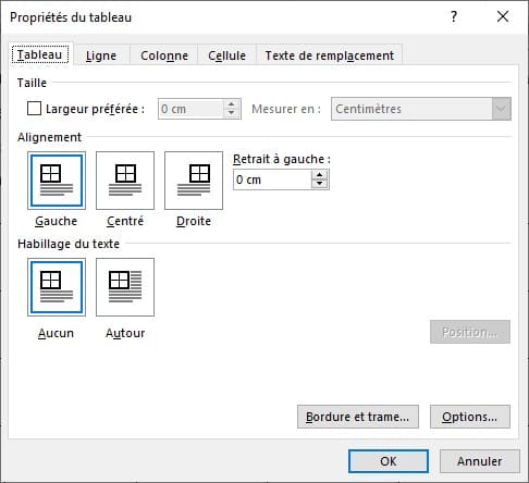 Propriétés du tableau