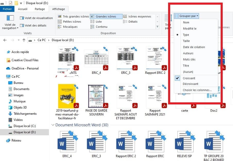 capture pour grouper les fichiers dans Windows