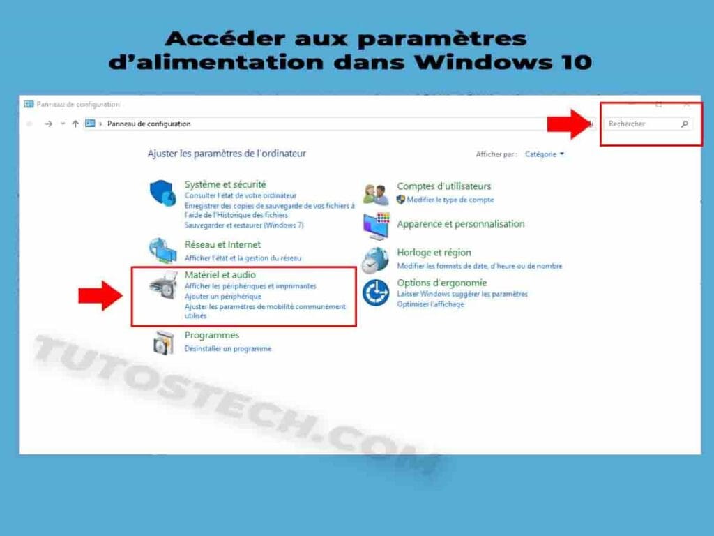 Accéder aux paramètres d’alimentation dans Windows 10 Panneau de configuration