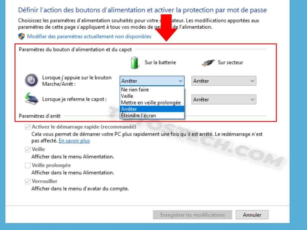 Configurer l’action du bouton d’alimentation, du bouton de mise en veille et du capot