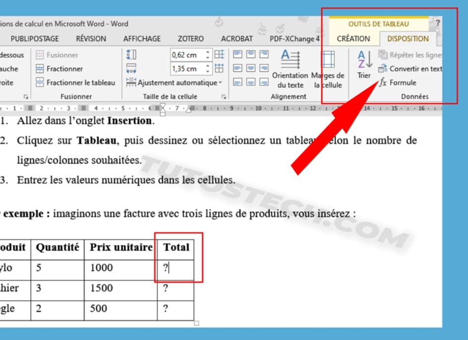 Insertion de la formule dans une cellule Word