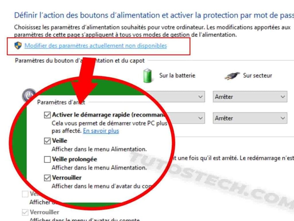 Modification des paramètres actuellement non disponibles