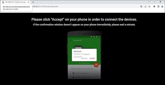 saisi de l'adresse IP et Acceptation xender