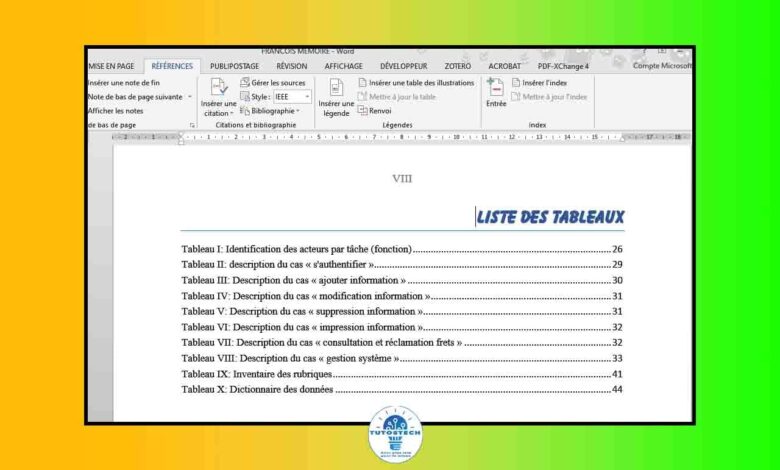 faire la liste des schémas et tableaux dans Word