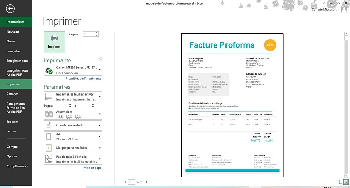 Interface d'Impression Excel