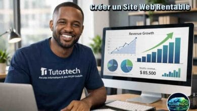 Entrepreneur créant un site web rentable en 2026 avec des statistiques de revenus sur écran