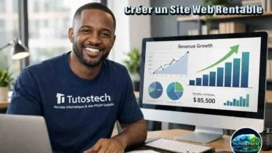 Entrepreneur créant un site web rentable en 2026 avec des statistiques de revenus sur écran