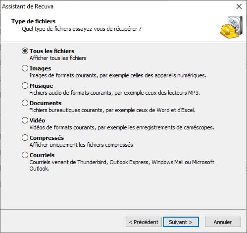 sélectionner les types pour restaurer les fichiers supprimés sur téléphone Android dans Recuva