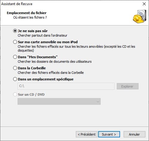 assistant de Recuva - emplacement du fichier pour Restaurer fichiers supprimés Android