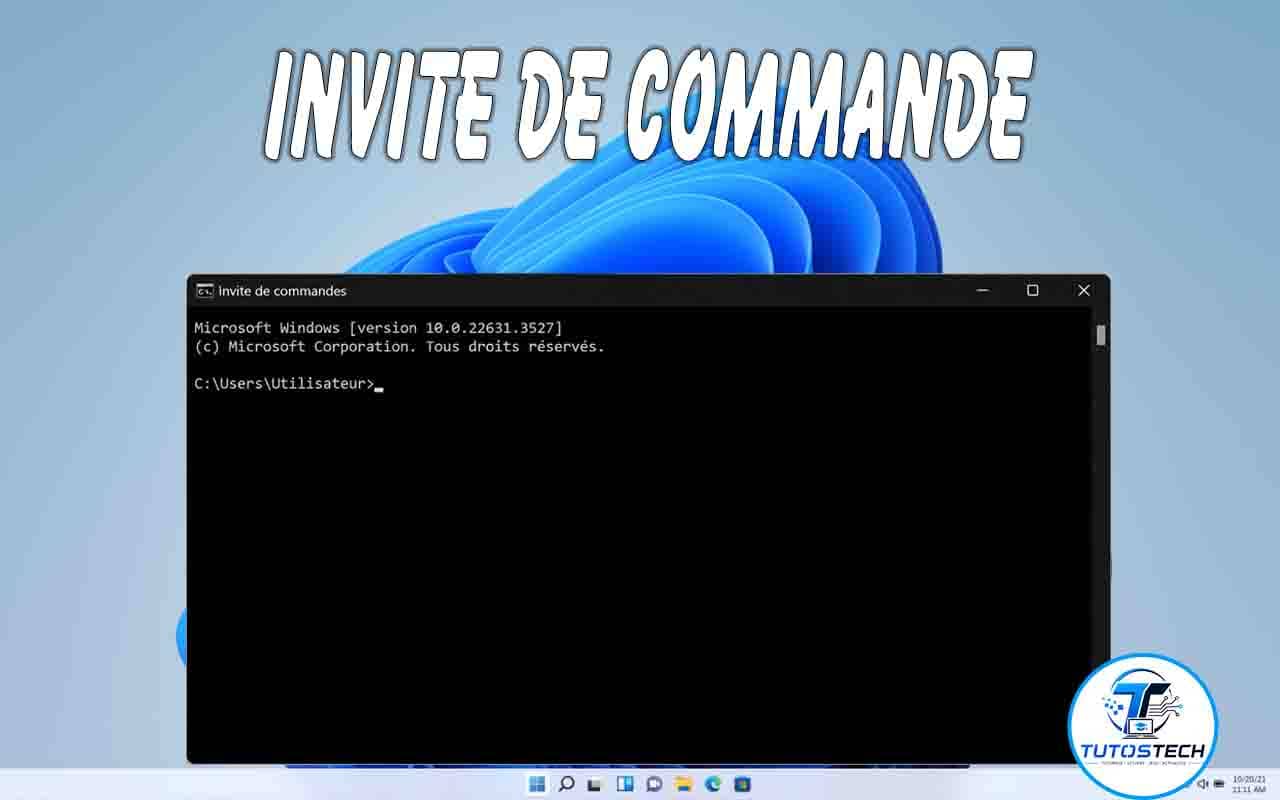 Fenêtre de l’invite de commande Windows (CMD) affichant l’interface du terminal sous Windows 11 avec une ligne de commande prête à recevoir des instructions.