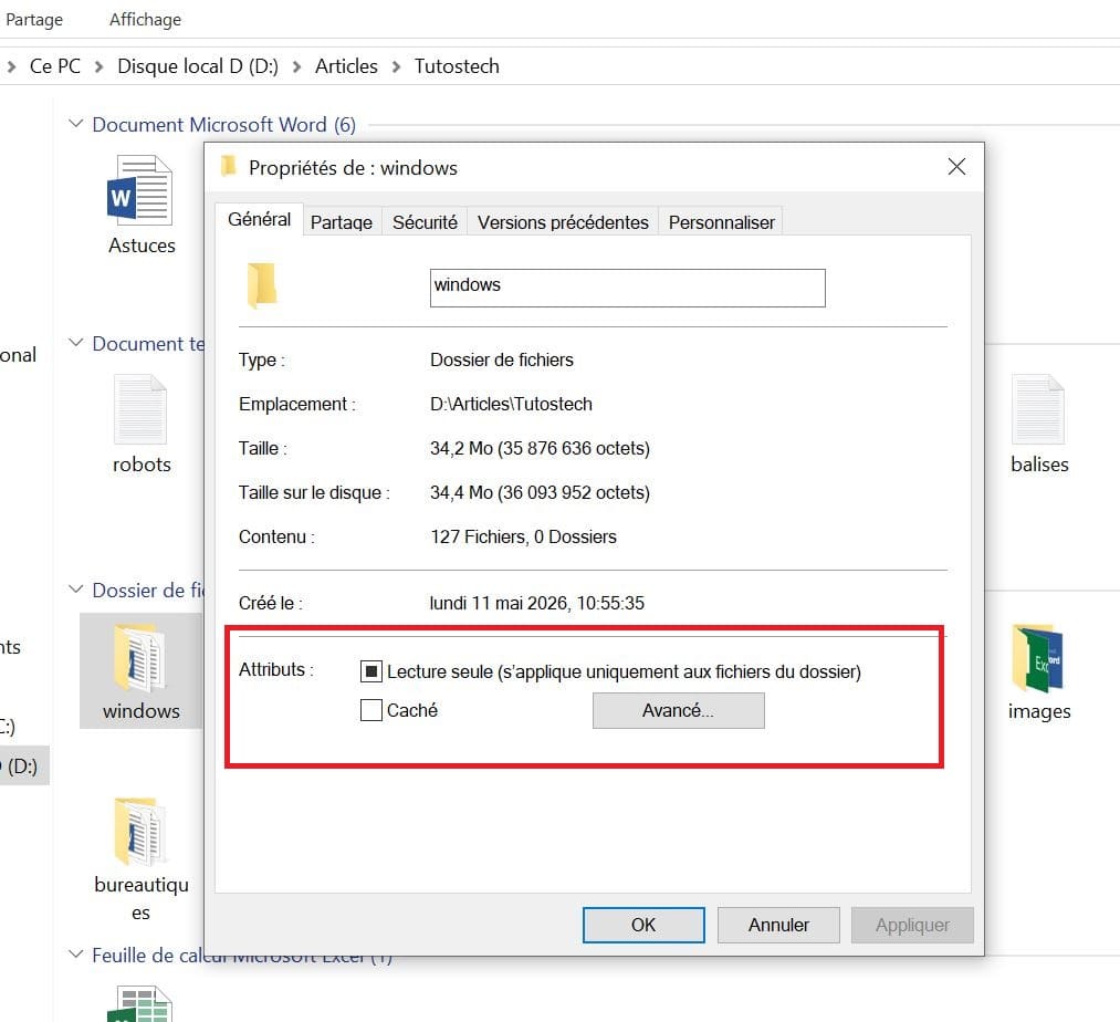 interface Propriété du dossier dans Windows 10